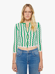 Women Mother Denim THE CREW NECK CARDIGAN POI GREEN PINK COMBO