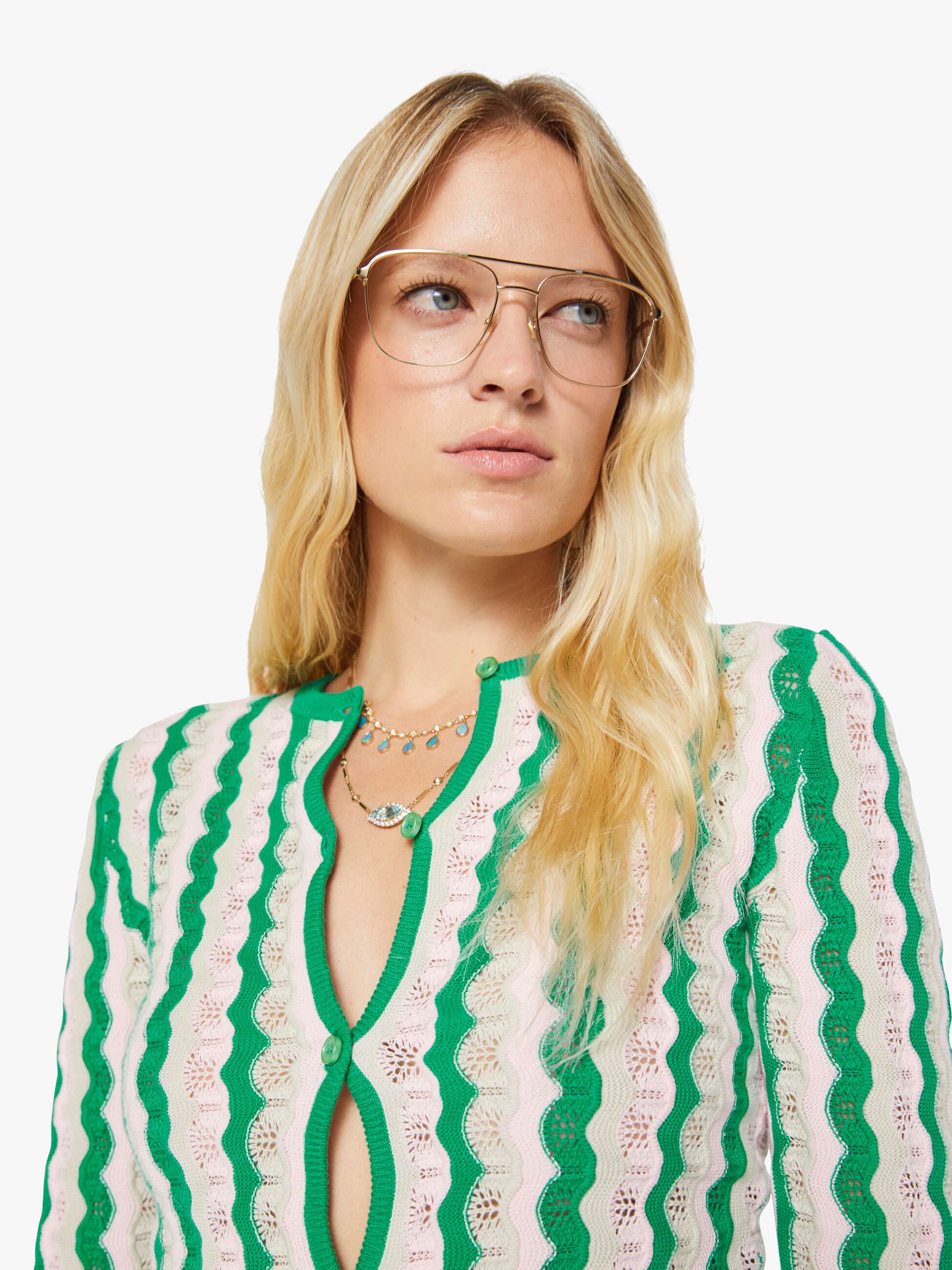 Women Mother Denim THE CREW NECK CARDIGAN POI GREEN PINK COMBO