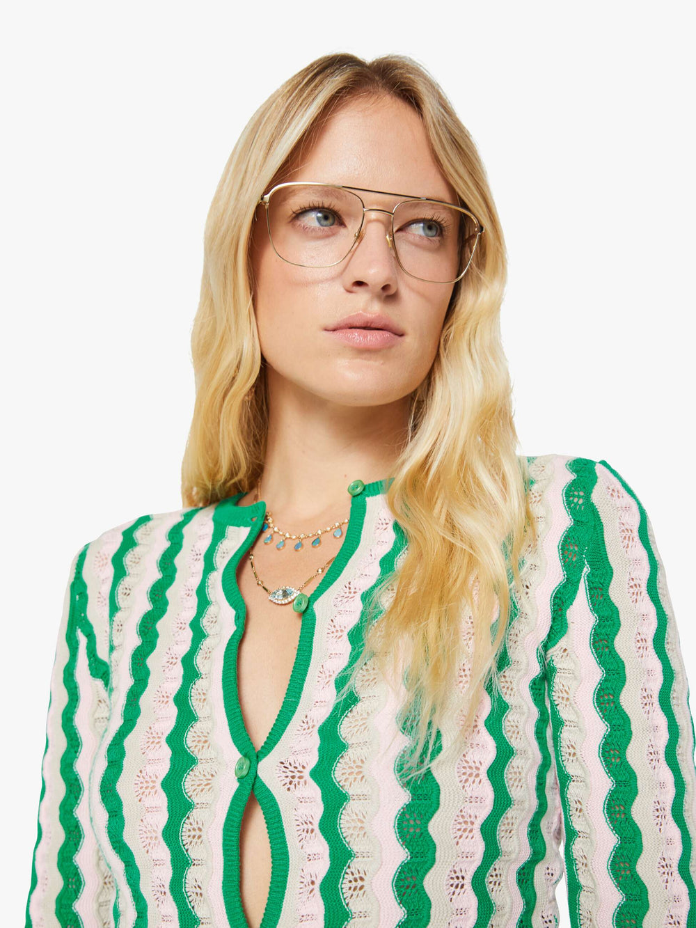 Women Mother Denim THE CREW NECK CARDIGAN POI GREEN PINK COMBO