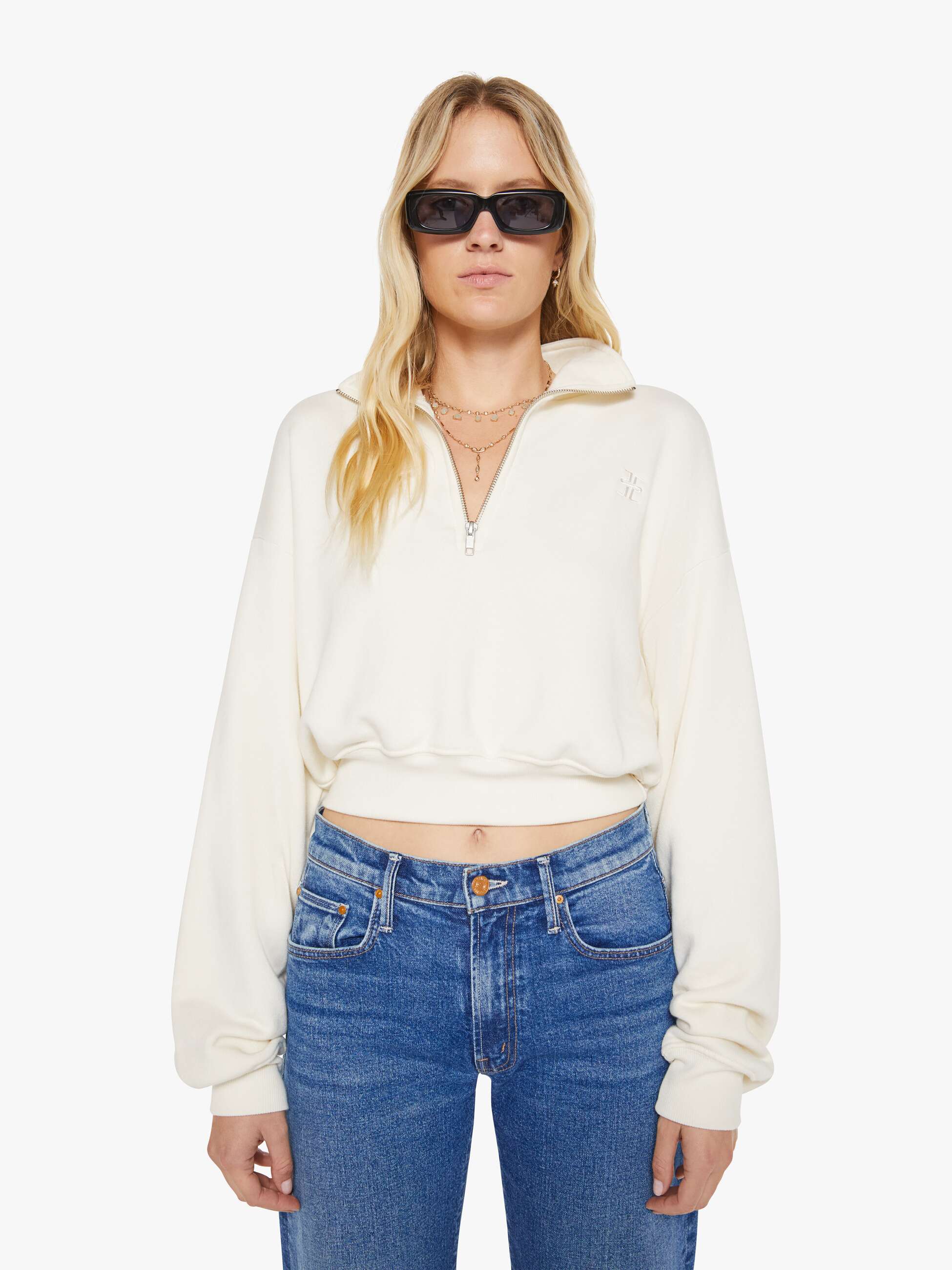 Women Mother Denim Eterne Cropped Half-Zip Sweatshirt