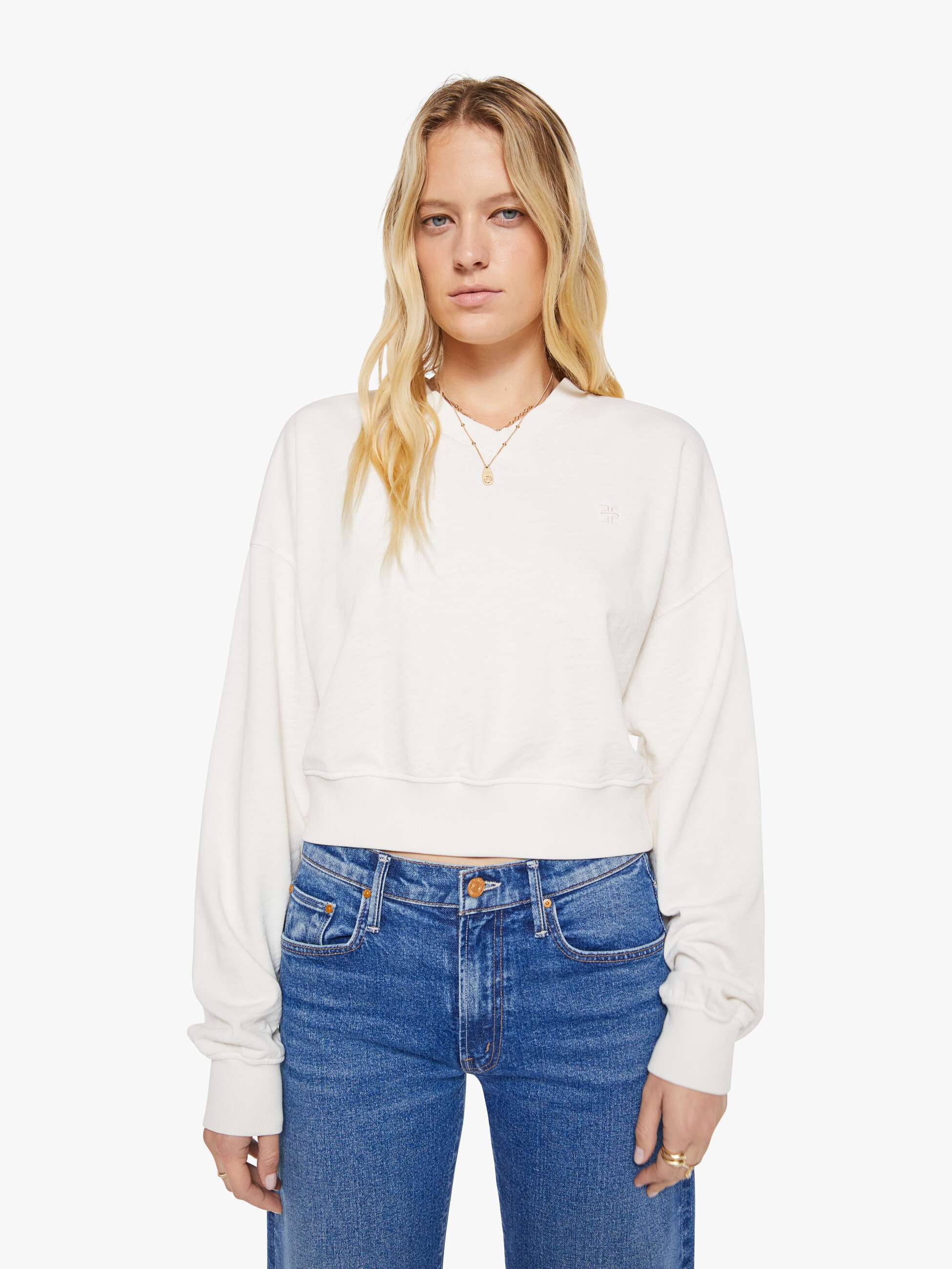 Women Mother Denim Eterne Cropped V-Neck Sweatshirt